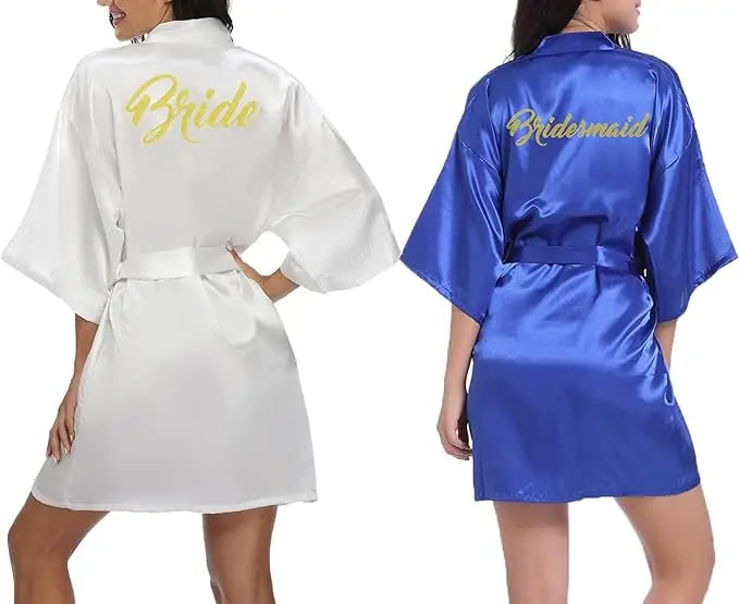 6-piece satin bridal shower robe set featuring white 'Bride' and blue 'Bridesmaid' robes for women.