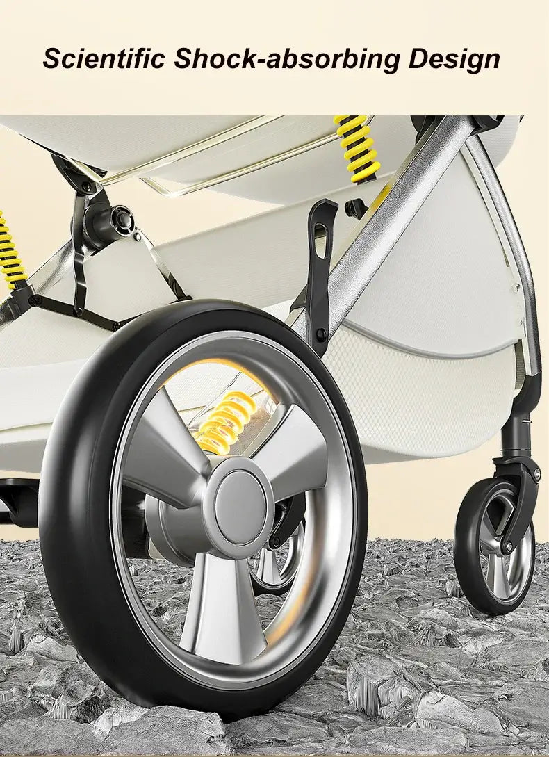 Close-up of a twin baby stroller's scientific shock-absorbing wheel design, showcasing durable construction and smooth ride.