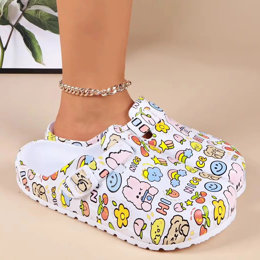 Women Cartoon Print Mule Clogs – Adjustable Buckle Beach Slippers