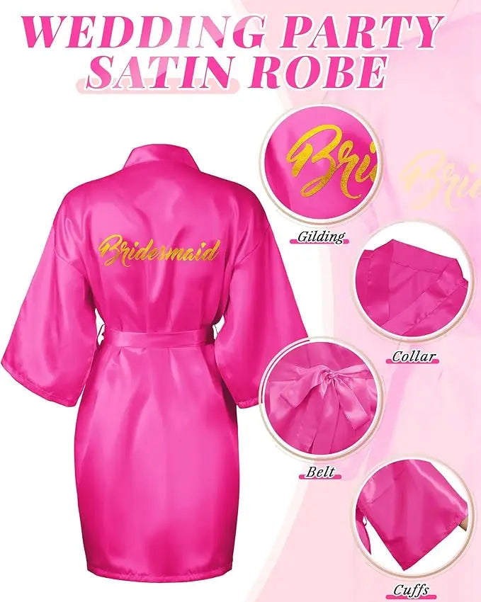 Pink satin wedding party robe for bridesmaids featuring elegant collar, belt, and cuffs.