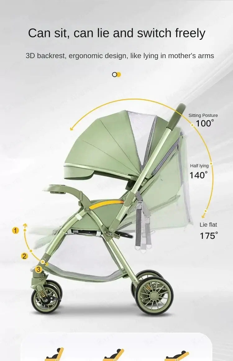 3D ergonomic baby stroller design showcasing multiple sitting positions for comfort and versatility.
