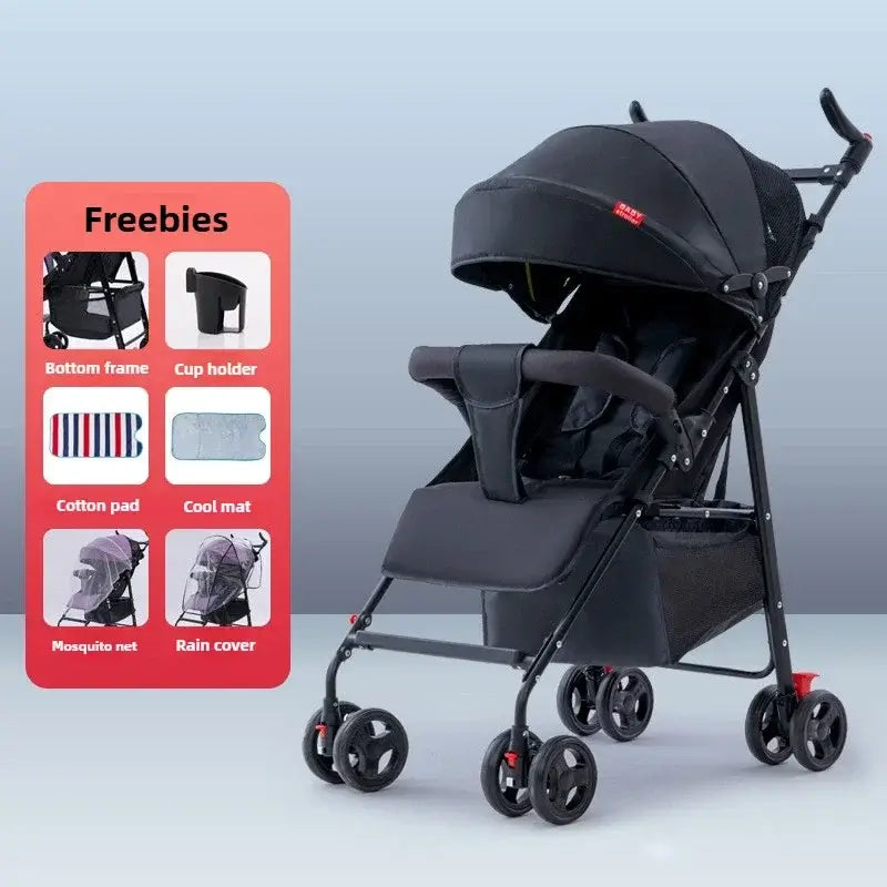 Adjustable baby stroller in black with free accessories, suitable for infants 0-3 years, lightweight and foldable design.