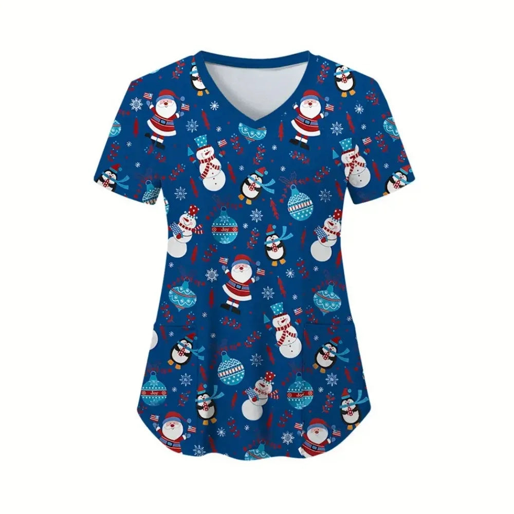 Christmas cartoon nurse scrubs featuring Santa and snowmen on a blue background, perfect for medical uniforms.