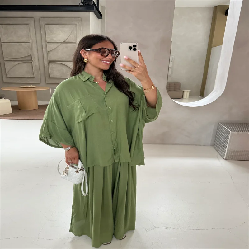 طقم بنطال نسائي من القطن بقصة واسعة