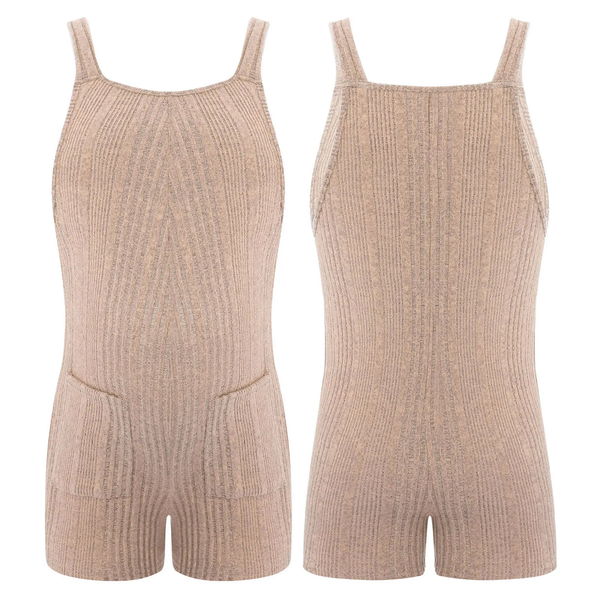 Sleeveless ribbed maternity jumpsuit in natural color with pockets, perfect for casual summer wear.