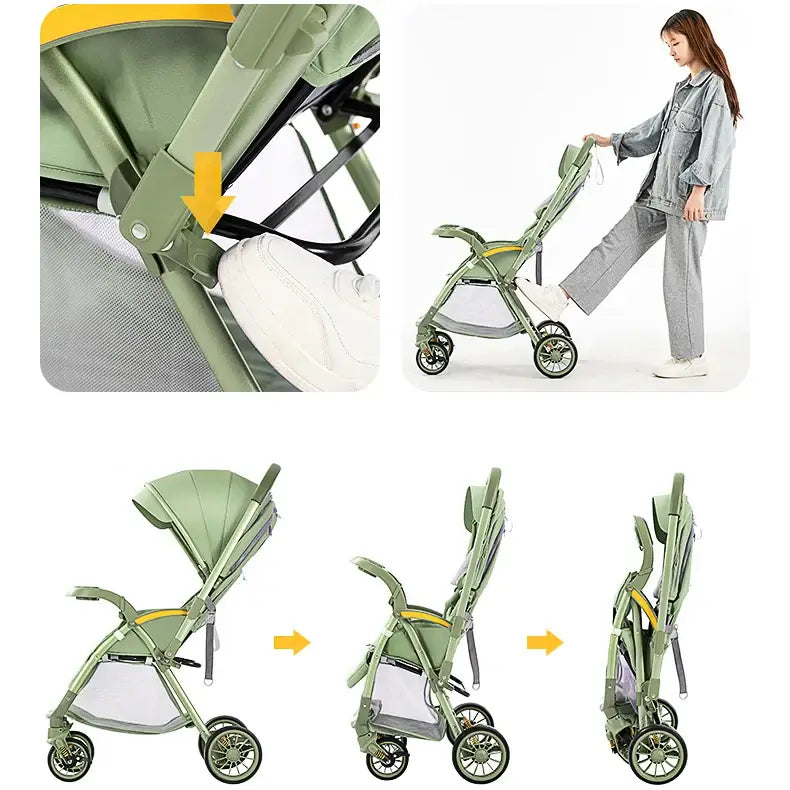 Bi-directional high landscape baby stroller shown in foldable and adjustable modes with a woman operating it.