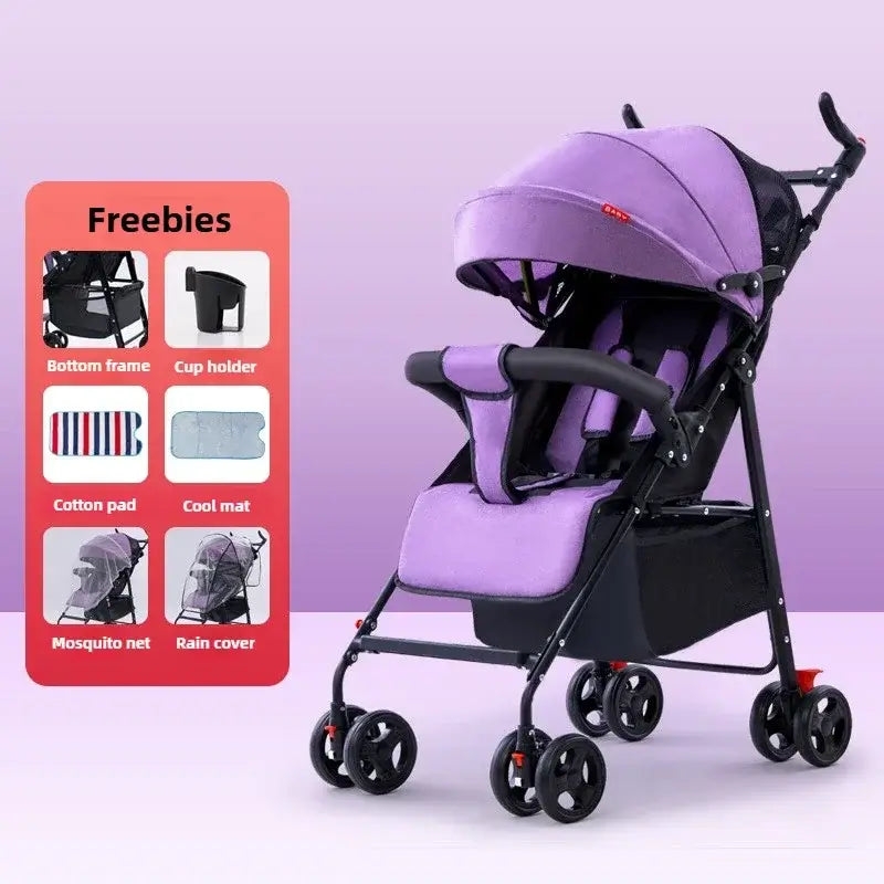 Purple baby stroller with features like a cup holder, mosquito net, and rain cover, designed for infants and toddlers.