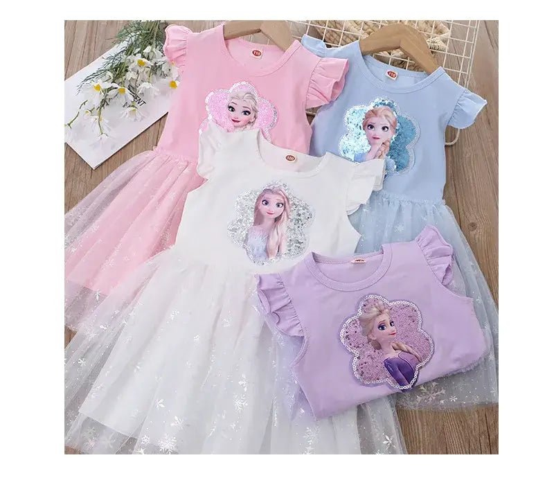 Girls summer dresses featuring Disney princess designs, available in four colors: pink, white, blue, and purple.