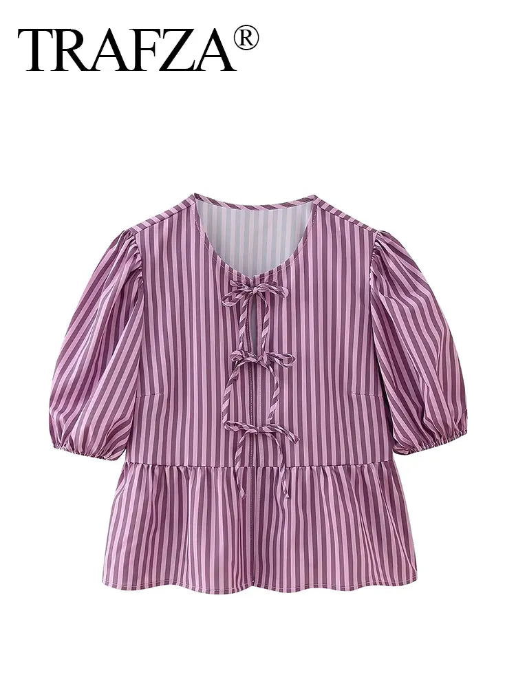 TRAFZA Stripe Lace-Up Blouse for women, featuring short sleeves and a peplum design in purple stripes.
