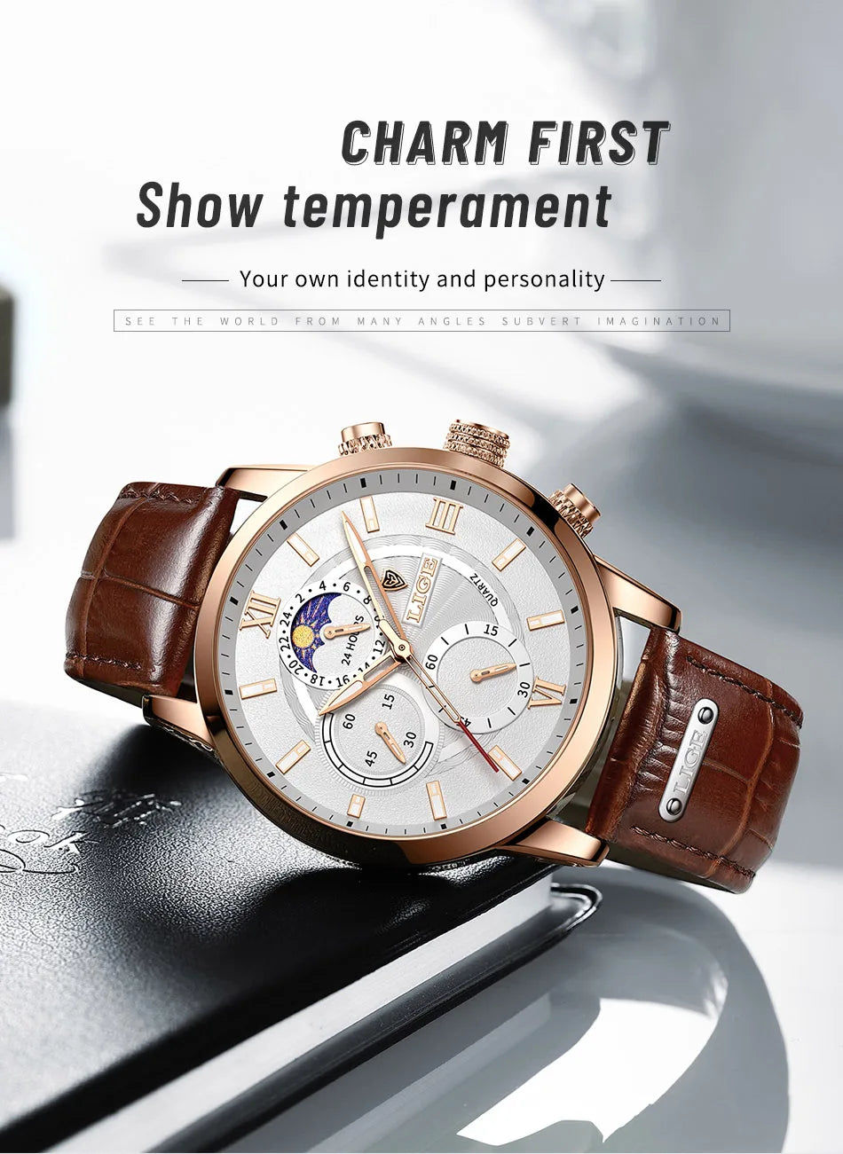 LIGE Men’s Leather Quartz Sports Watch