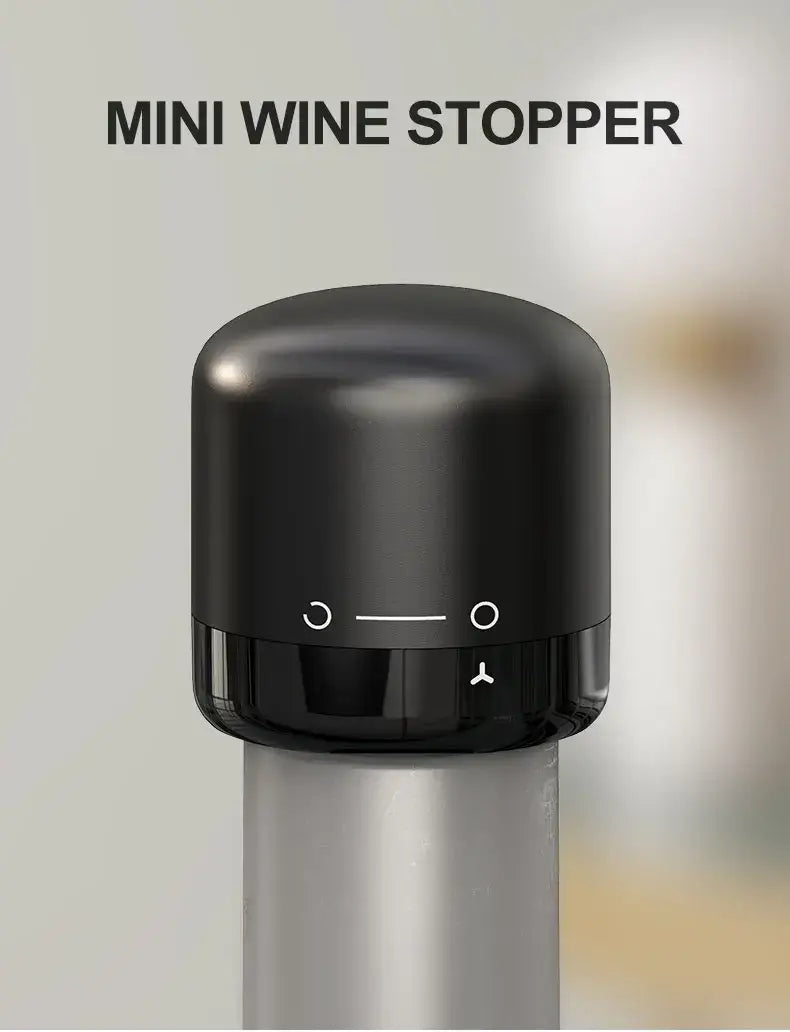 Mini wine stopper designed to seal wine bottles, ensuring freshness with a sleek black finish.