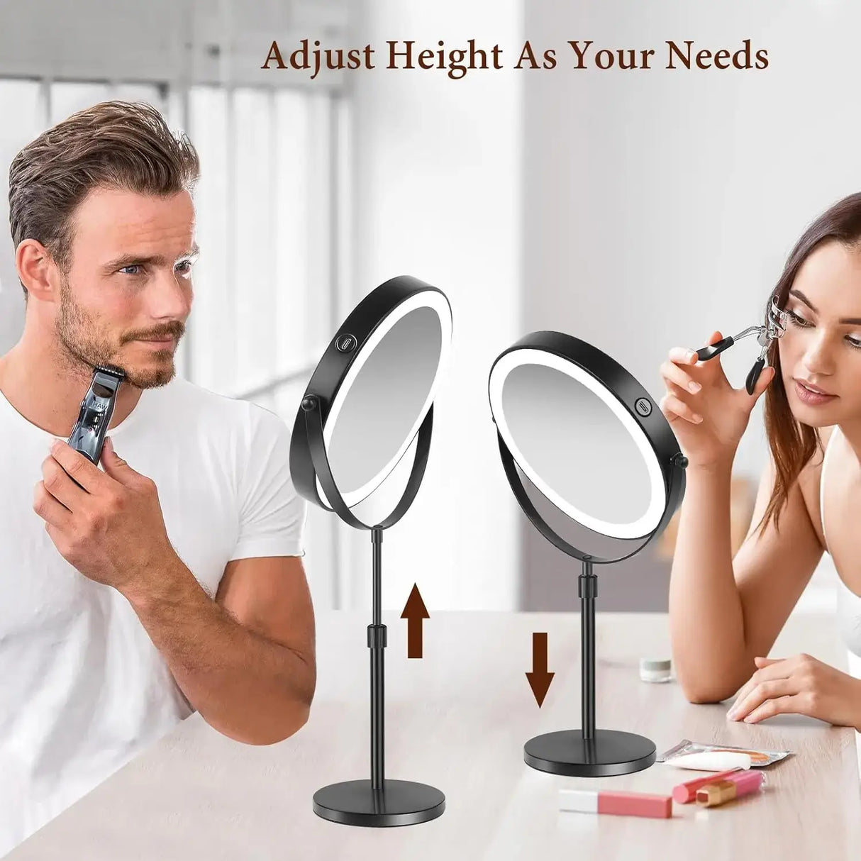 8 inch makeup mirror with light and 10x magnification, height adjustable, for detailed grooming and makeup application.