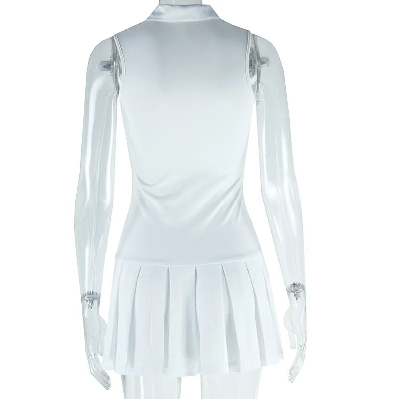 Women’s White Lapel Pleated Dress