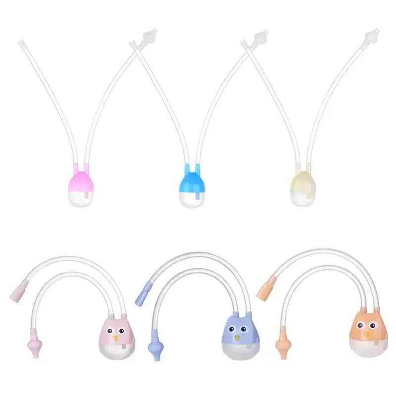 Colorful mouth suction nasal aspirators for newborns, featuring cartoon designs and silicone material.
