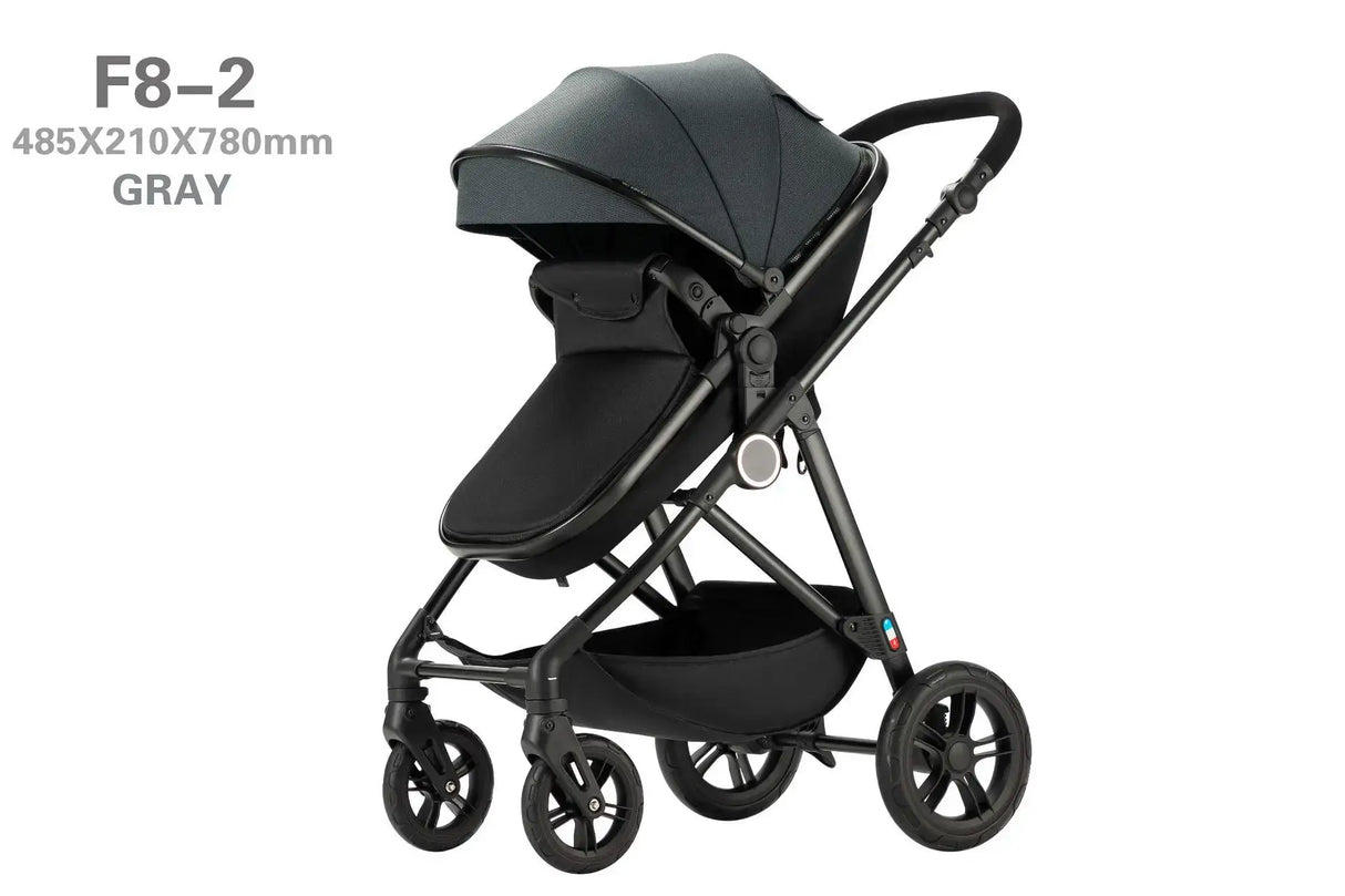 High-view four-wheel baby stroller model F8-2 in gray, designed for children 0-3 years, foldable with a 20kg weight capacity.