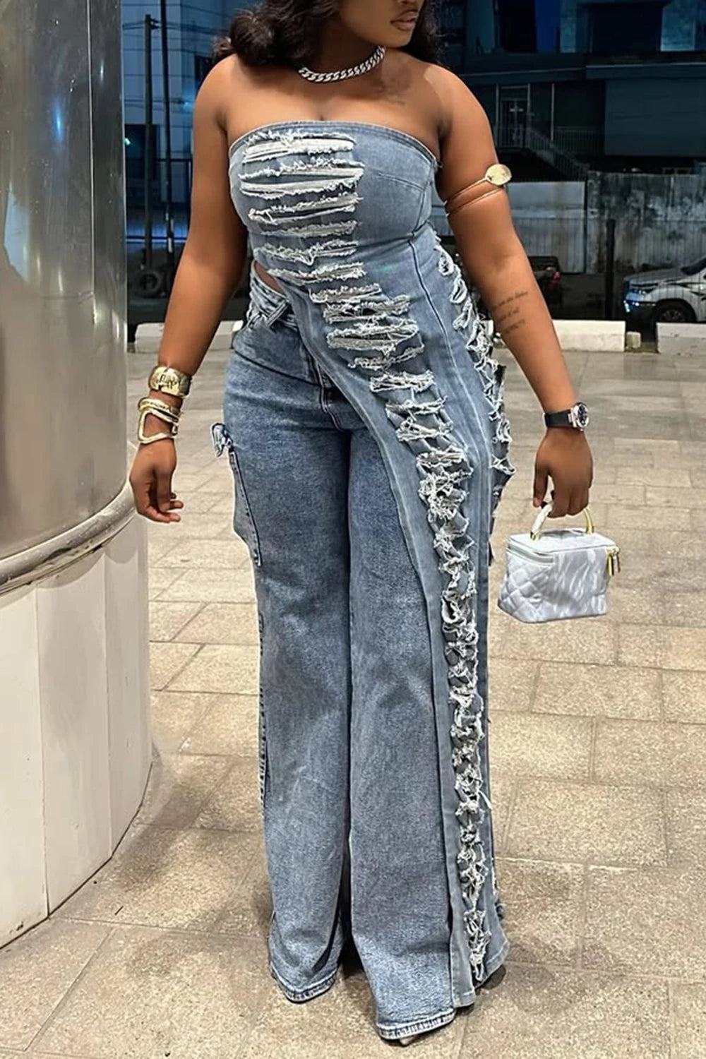 Distressed Denim Pant Set