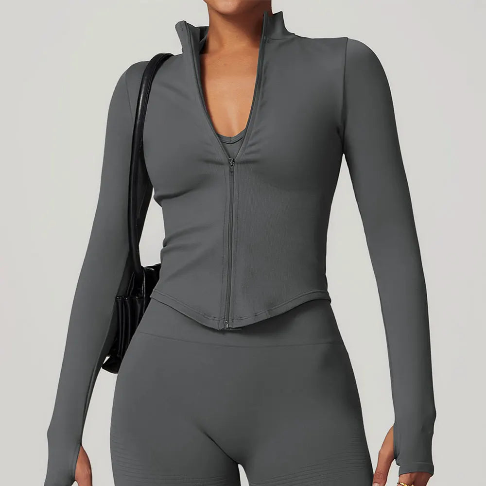 Ribbed Women's Yoga Jacket – Long Sleeve Standing Collar Fitness Top