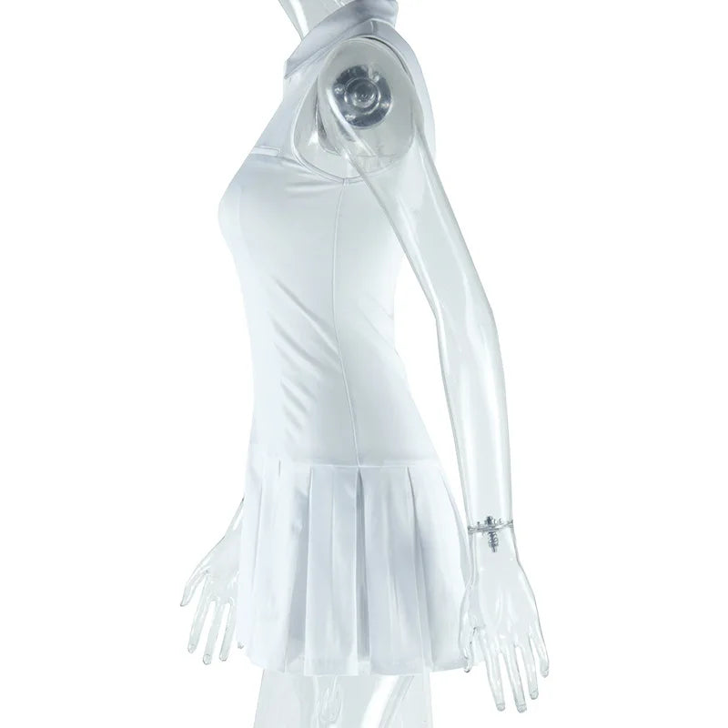 Women’s White Lapel Pleated Dress