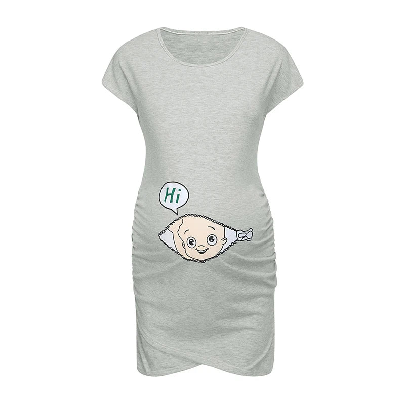 Loose casual maternity dress for plus size women, featuring a cute cartoon design on a gray fabric.