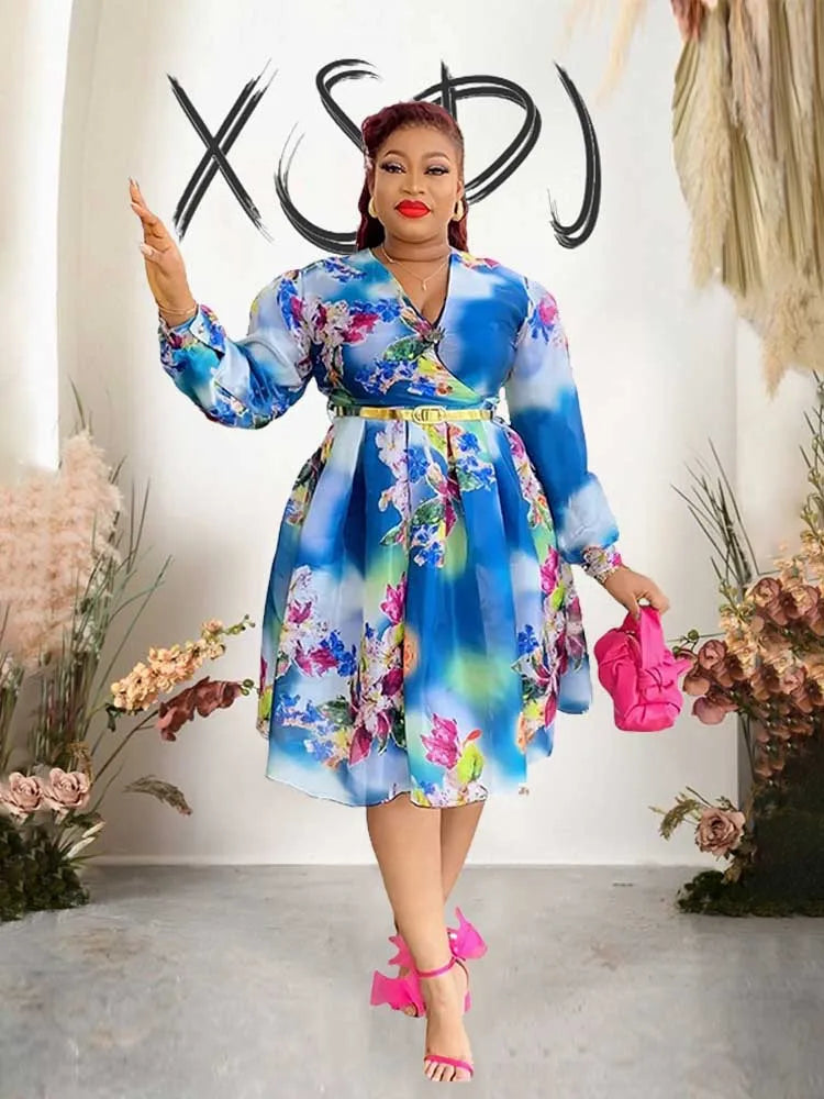 فستان نسائي من الشيفون المطبوع بفتحة رقبة على شكل حرف V