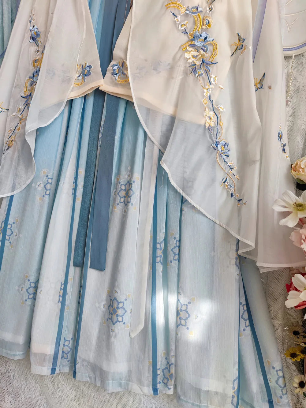 Close-up of Women’s Fairy Hanfu costume featuring delicate blue floral embroidery and layered design.