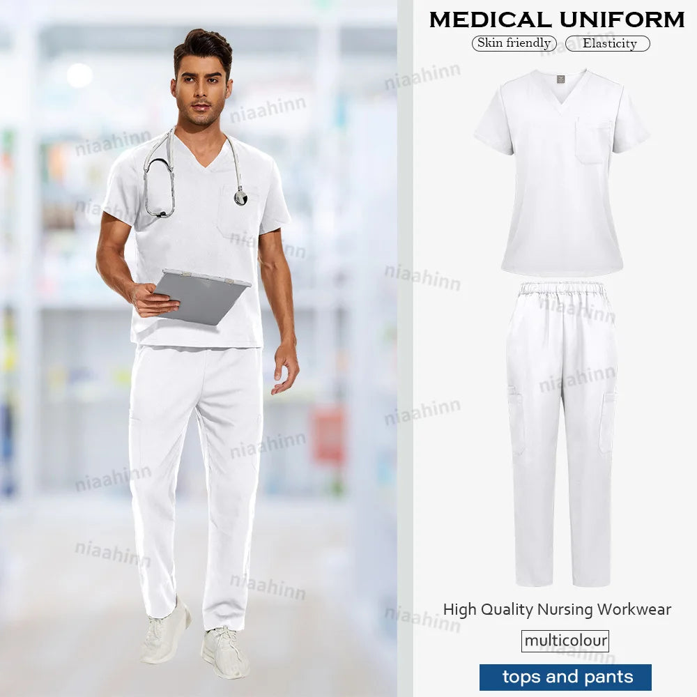 Multicolor surgical gown model wearing white medical uniform, showcasing hospital scrubs for men, featuring tops and pants.
