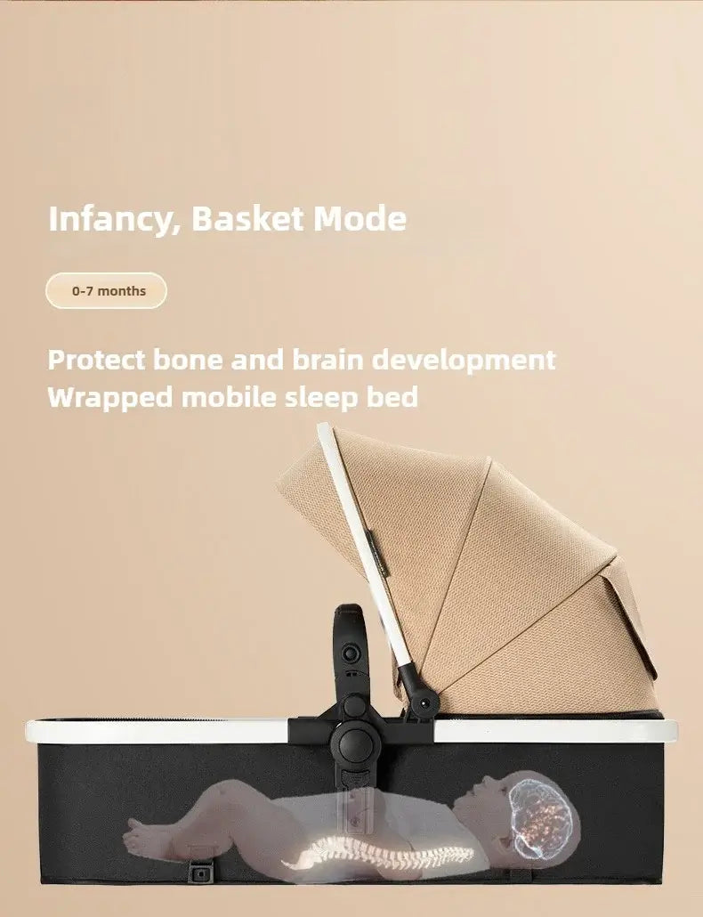 Lightweight baby stroller in basket mode, designed for infants, promoting safe sleep and brain development.