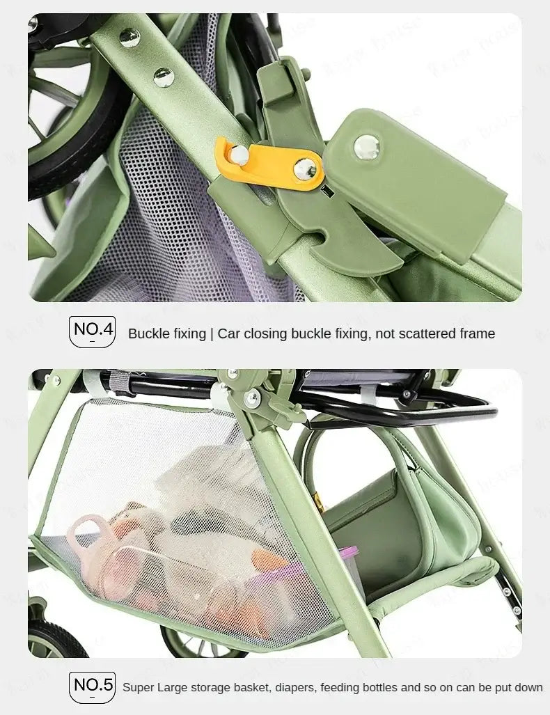 Detail view of buckle fixing and large storage basket on a bi-directional high landscape baby stroller.