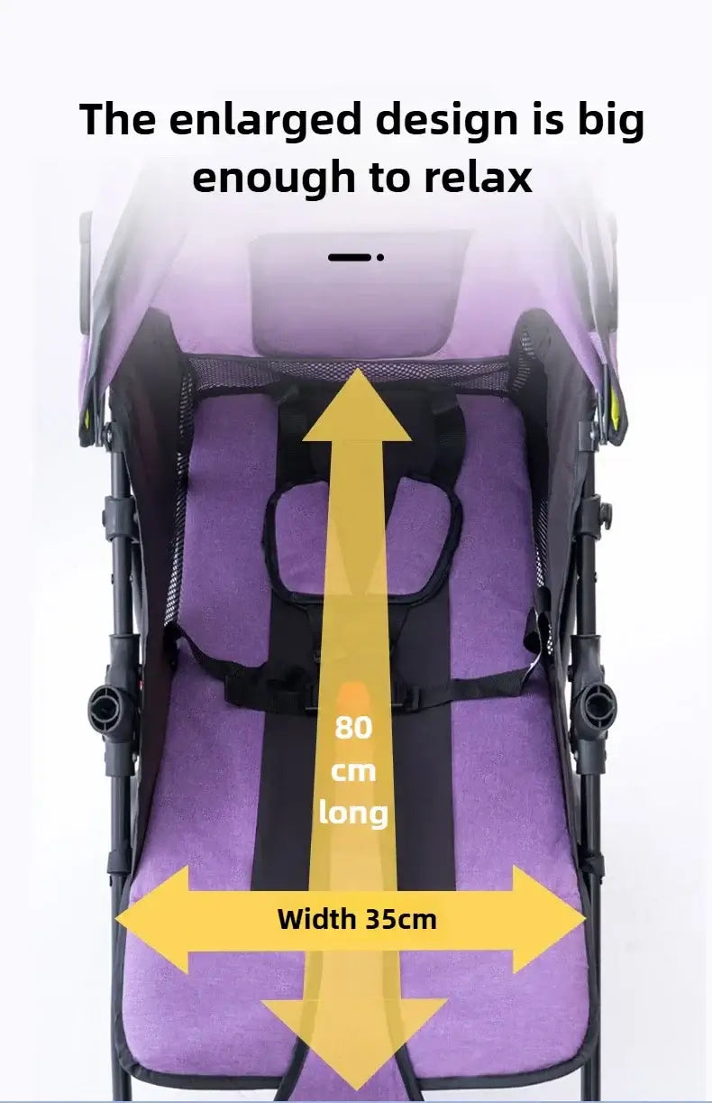 Baby stroller with enlarged design, measuring 80cm long and 35cm wide, providing space for relaxation.