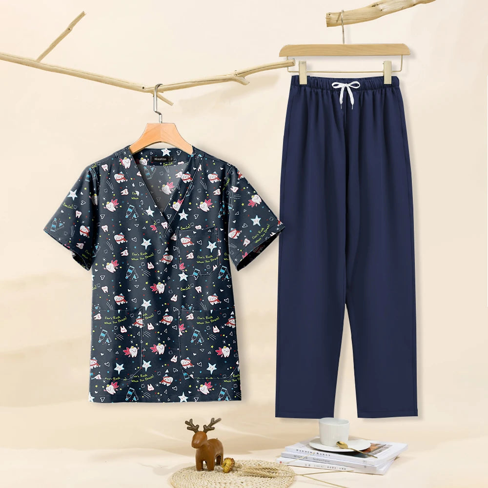 Cartoon print dental scrubs set for women, featuring a V-neck top and comfortable pants, ideal for pet grooming workwear.
