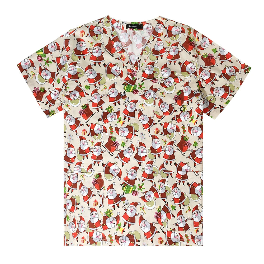 Women’s cotton nurse scrubs featuring festive Santa Claus print, perfect for holiday-themed medical uniforms.