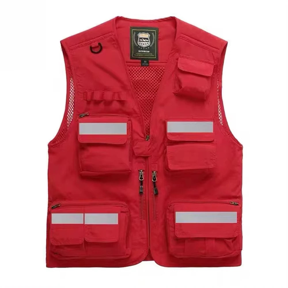 Red reflective safety vest with multiple pockets for utility and work use, perfect for outdoor and emergency situations.
