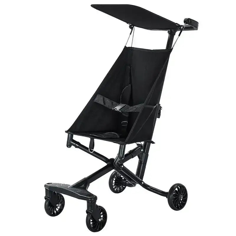 Lightweight baby stroller in black with foldable design, high carbon steel frame, and natural rubber wheels.