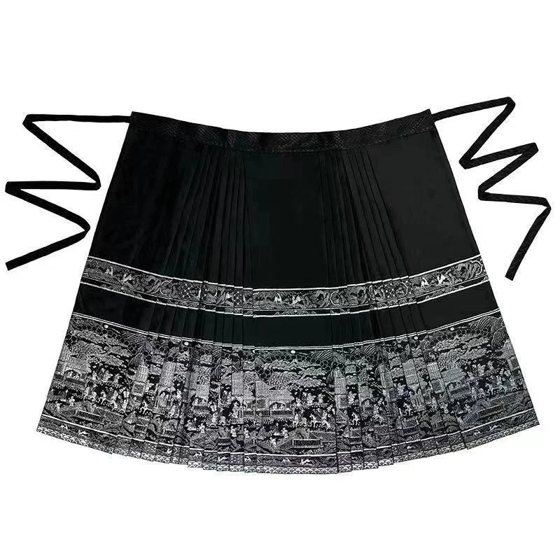 Traditional horse face skirt in black with intricate patterns, designed for women, crafted from polyester.