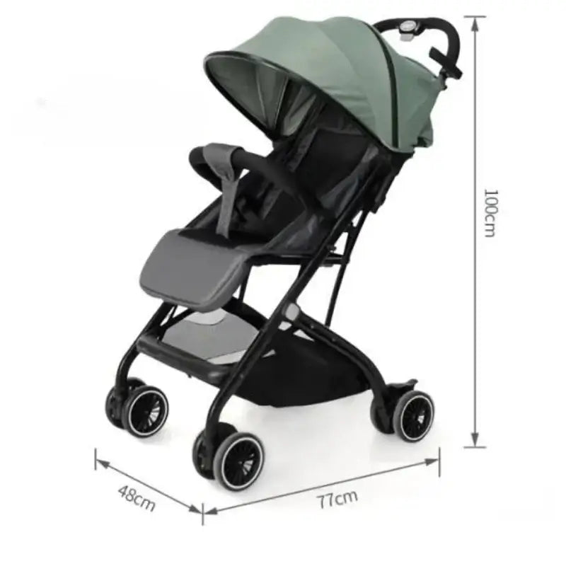 Portable foldable baby stroller in green with adjustable canopy, designed for ages 0-3 years, compact dimensions 100cm x 77cm.