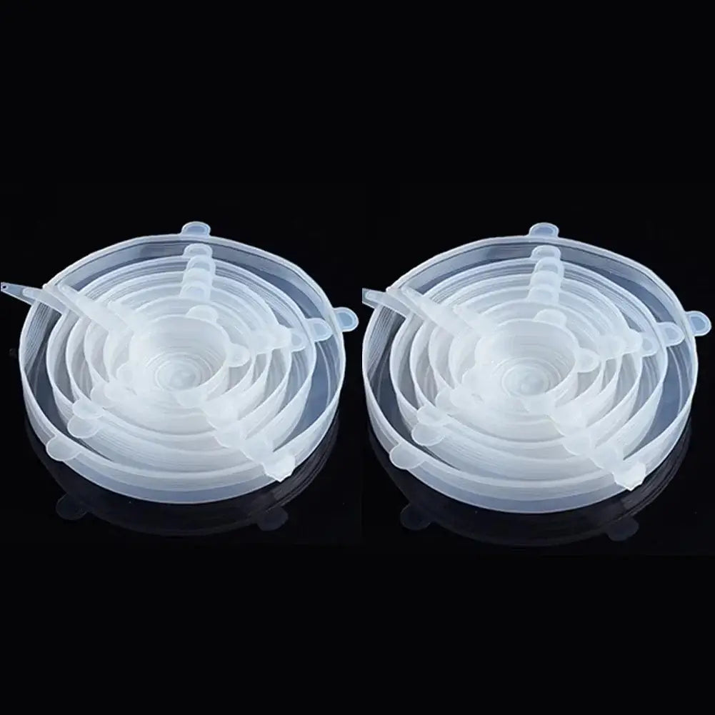 6 silicone stretch lids for kitchen use, ideal for sealing bowls and dishes, microwave-safe, reusable and eco-friendly.