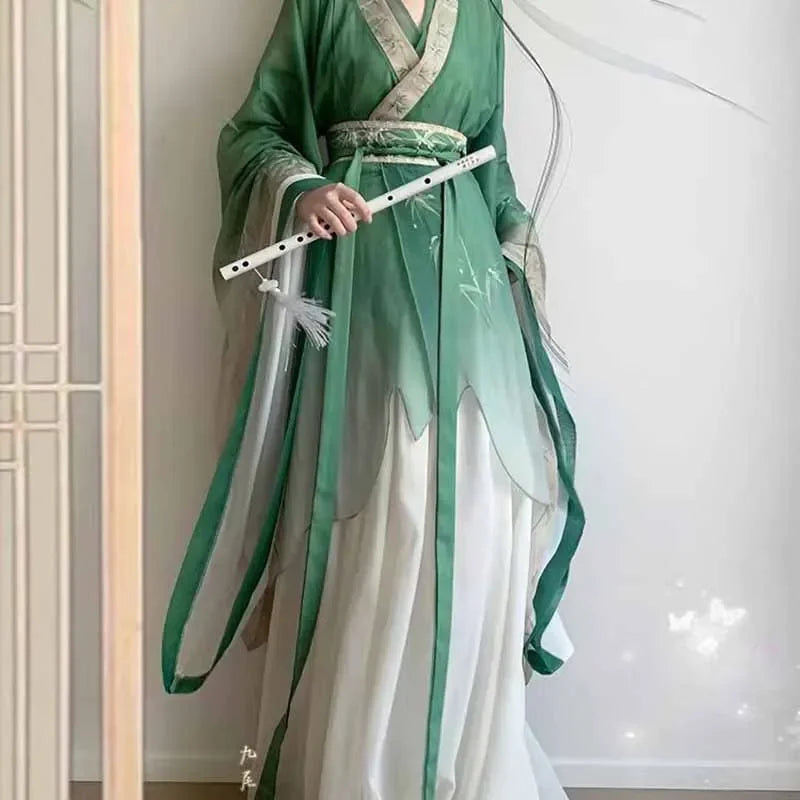 Elegant bamboo green Hanfu dress showcasing traditional vintage design, ideal for parties and cosplay events.