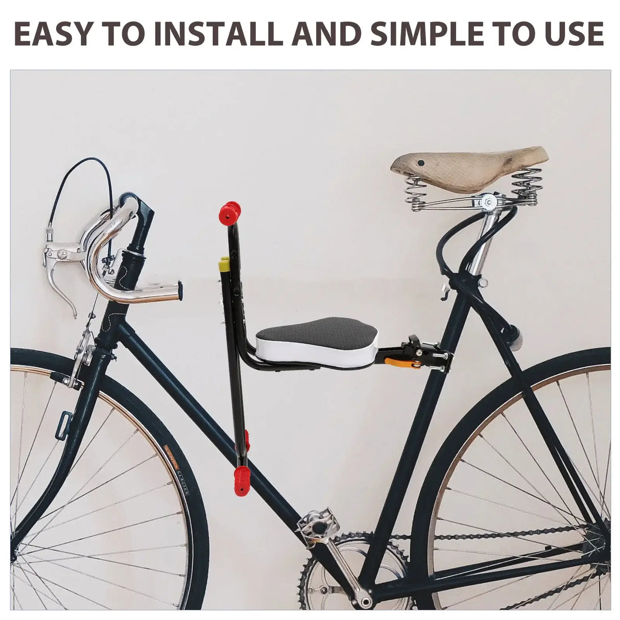 Kids electric bike saddle seat mounted on bicycle, shown easy to install and simple to use.