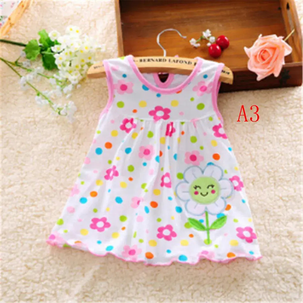 Newborn cotton flower sleeveless dress for baby girls with colorful polka dots and cute flower design.