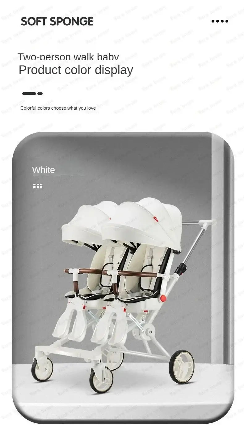 Twin stroller in white, designed for two children, showcasing a modern, foldable frame and comfortable seating.