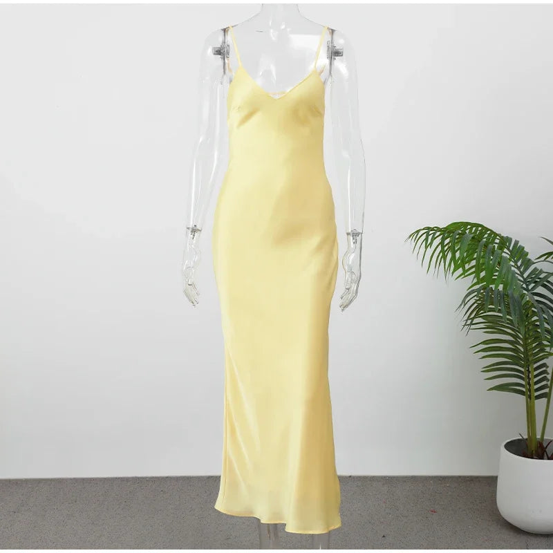 Golden Satin Backless Evening Gown