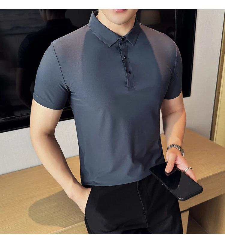 Men Ice Silk Polo Shirt Brown Top