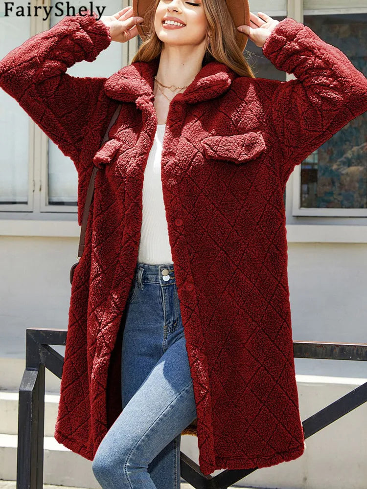 FairyShely Brown Puff Long Women's Winter Jacket – Plush Warm Coat