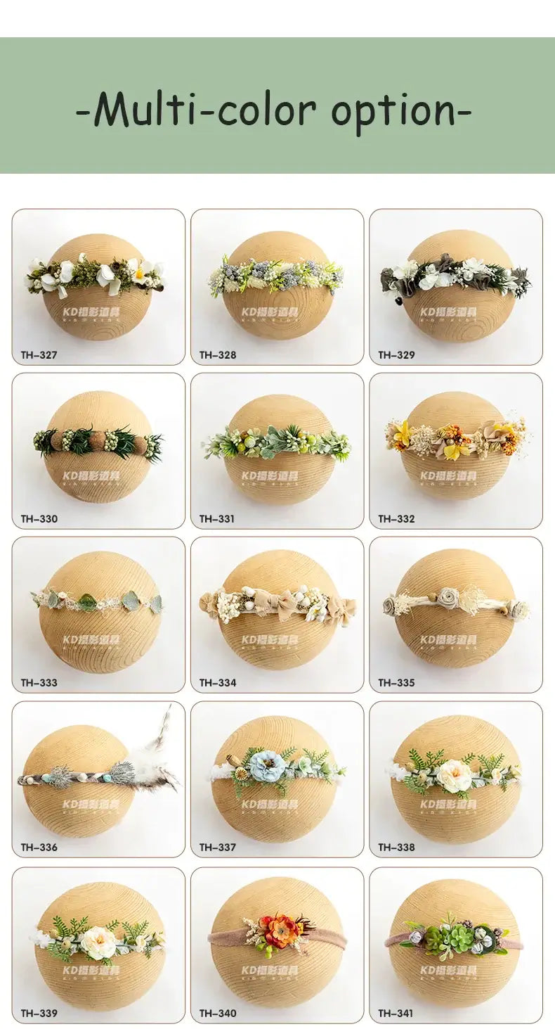 Collage of multi-color faux flower headbands for newborn girls, ideal for baby photography, adjustable bands.