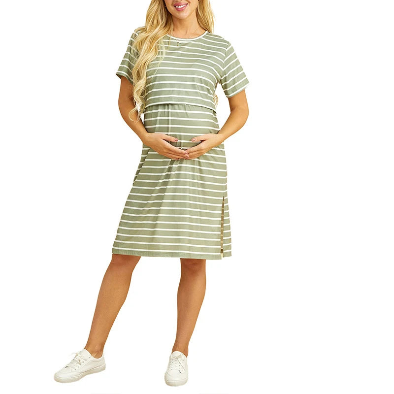 Maternity striped dress with short sleeves, knee-length, made of cotton and polyester, perfect for summer wear.