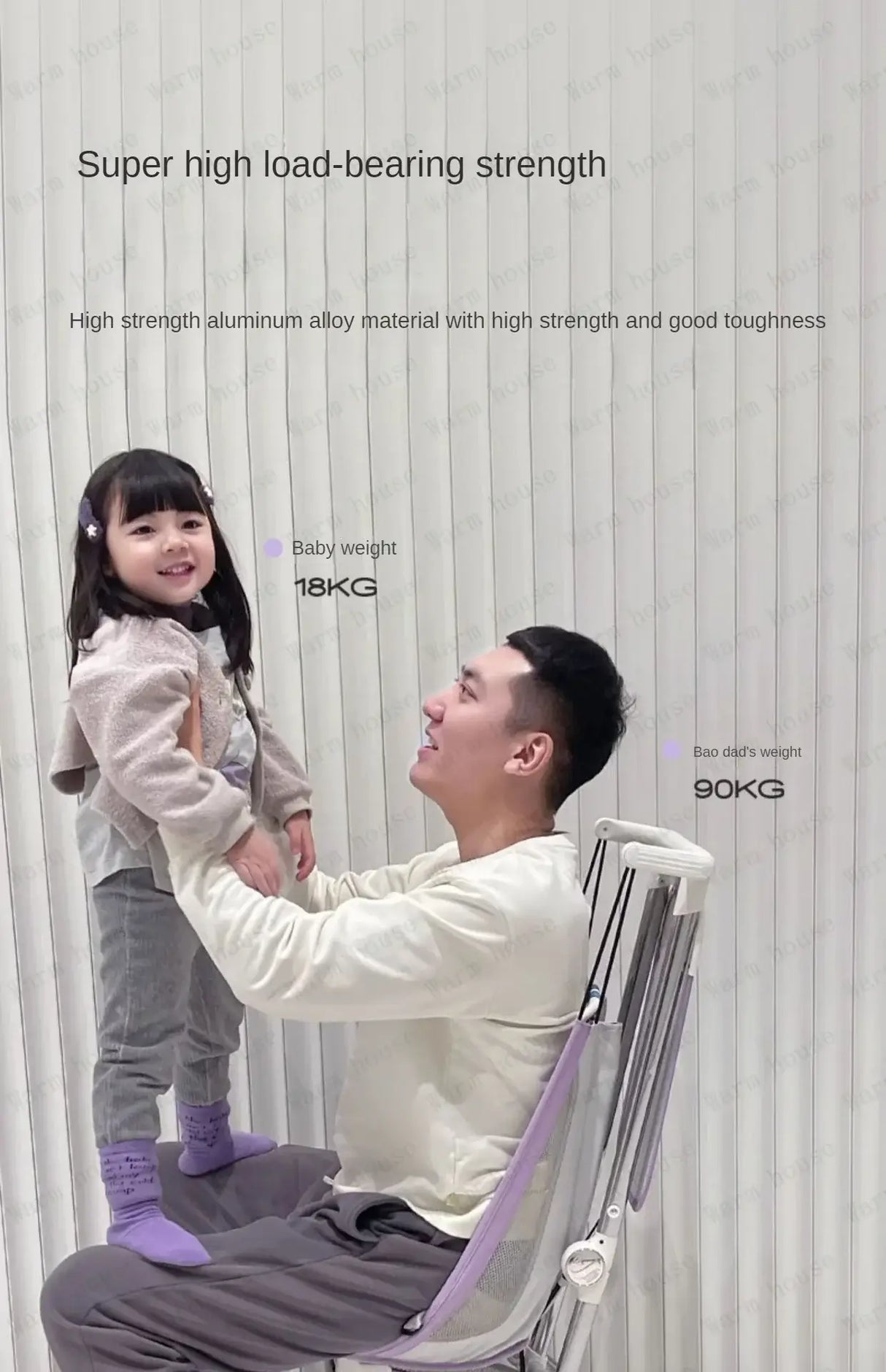 Father lifting child in a lightweight stroller showcasing high load-bearing strength and aluminum alloy material.