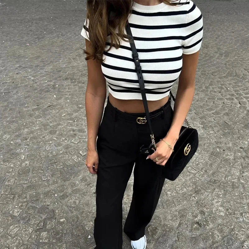 Women Striped Crop Knit Sweater