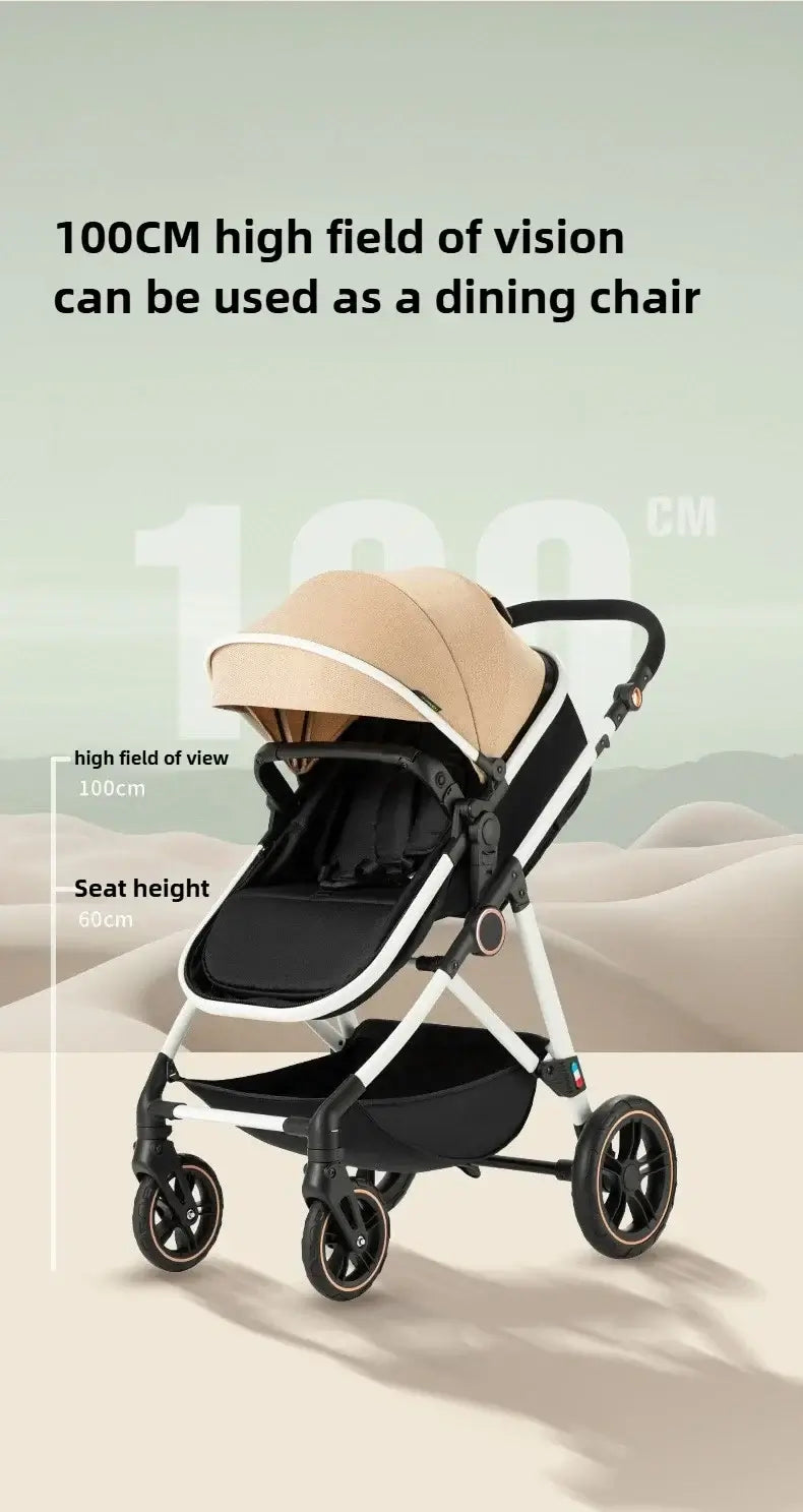Lightweight baby stroller with 100cm high view, convertible to a dining chair, showcasing its practical design and features.