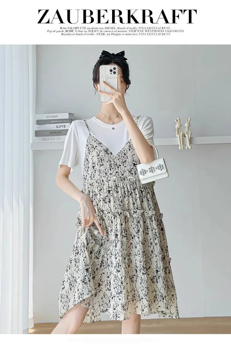 Trendy oversized dress with layered design, featuring a casual white tee, ideal for summer outings.