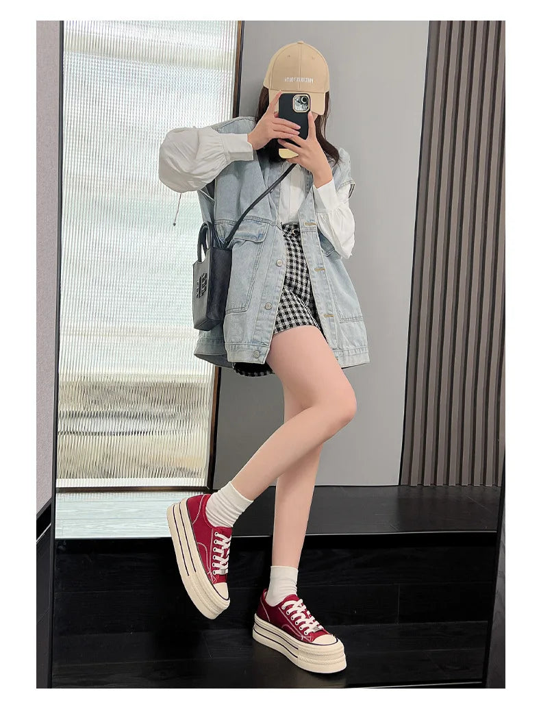 Women Canvas Shoes Black White Platform Sneakers